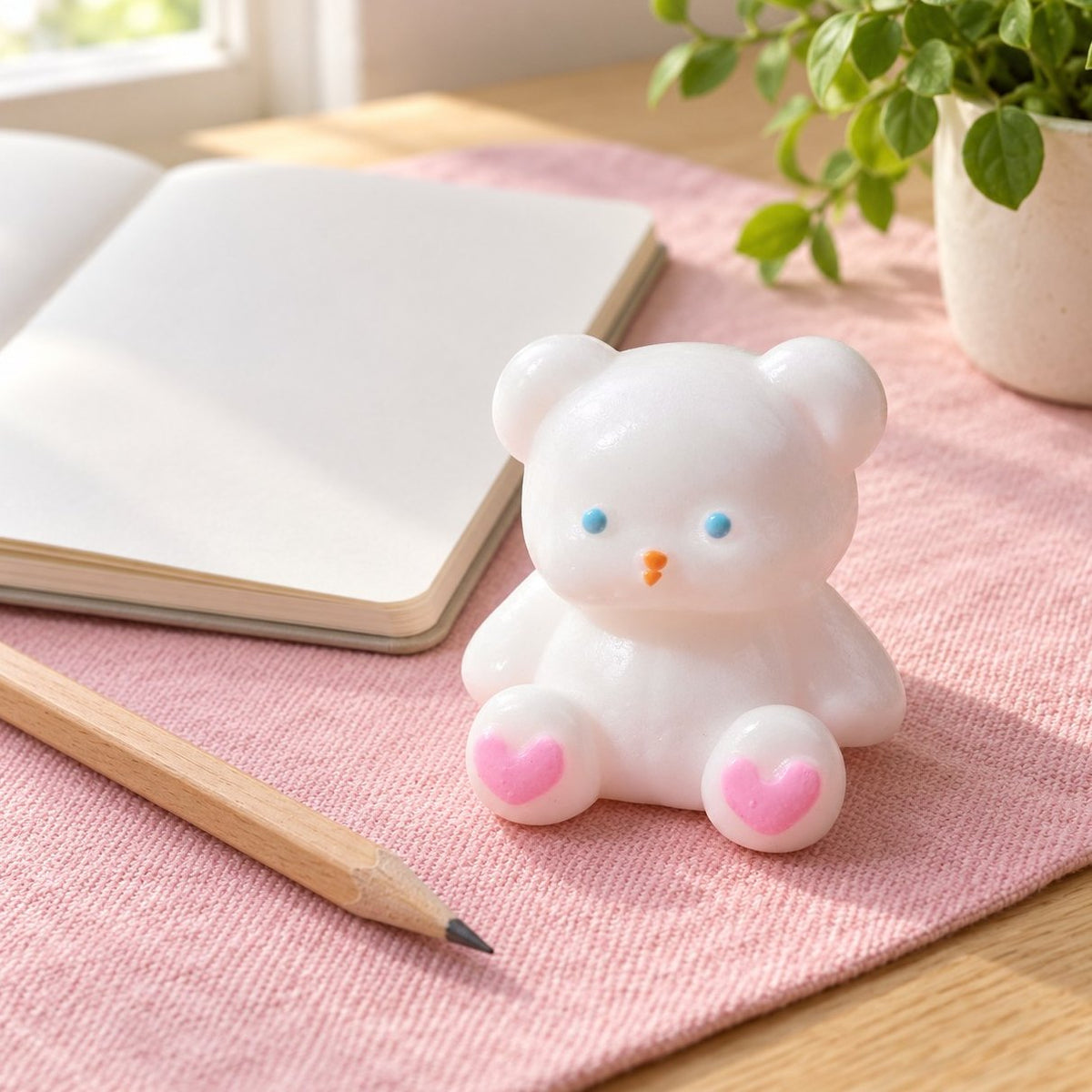 Sulla scrivania con quaderno e matita, squishy orsetto bianco