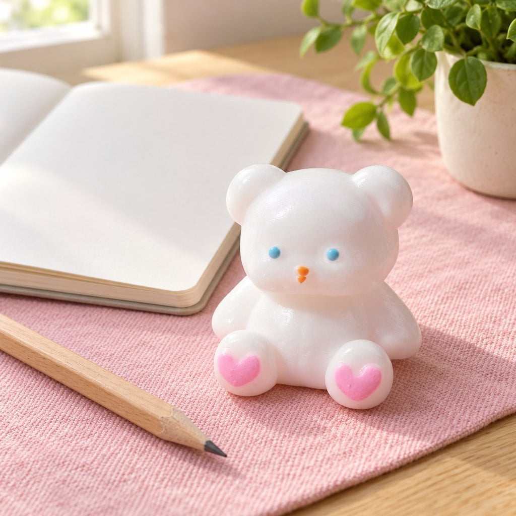 Squishy osito blanco con patas de corazón en el escritorio, con libreta y lápiz