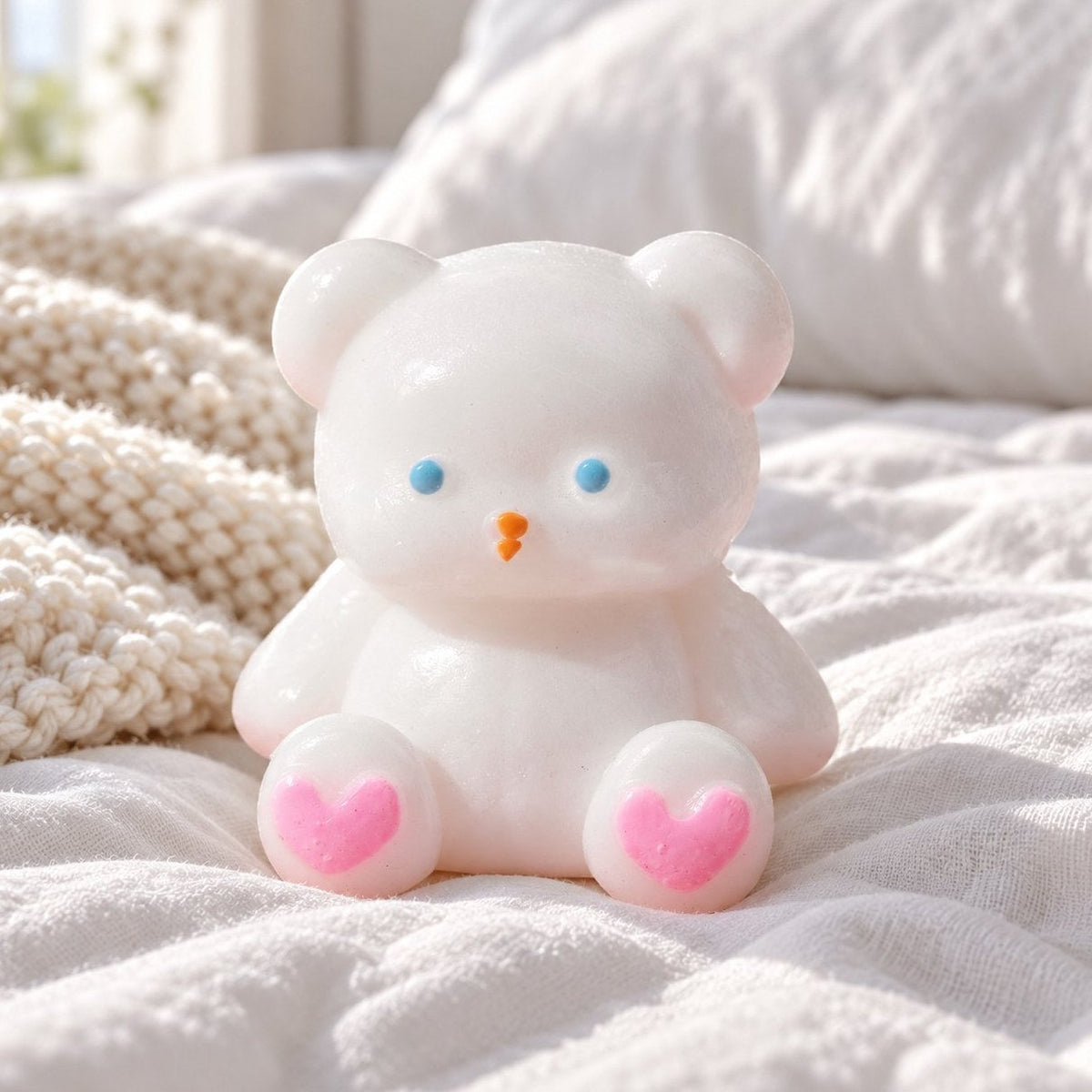 Squishy osito de peluche blanco sobre una cama acogedora con mantas suaves