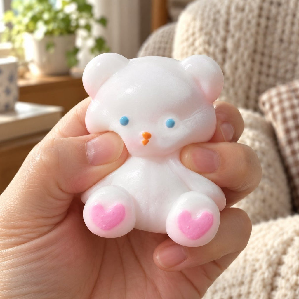 Apretando el squishy osito de peluche mini con la mano, blando y esponjoso
