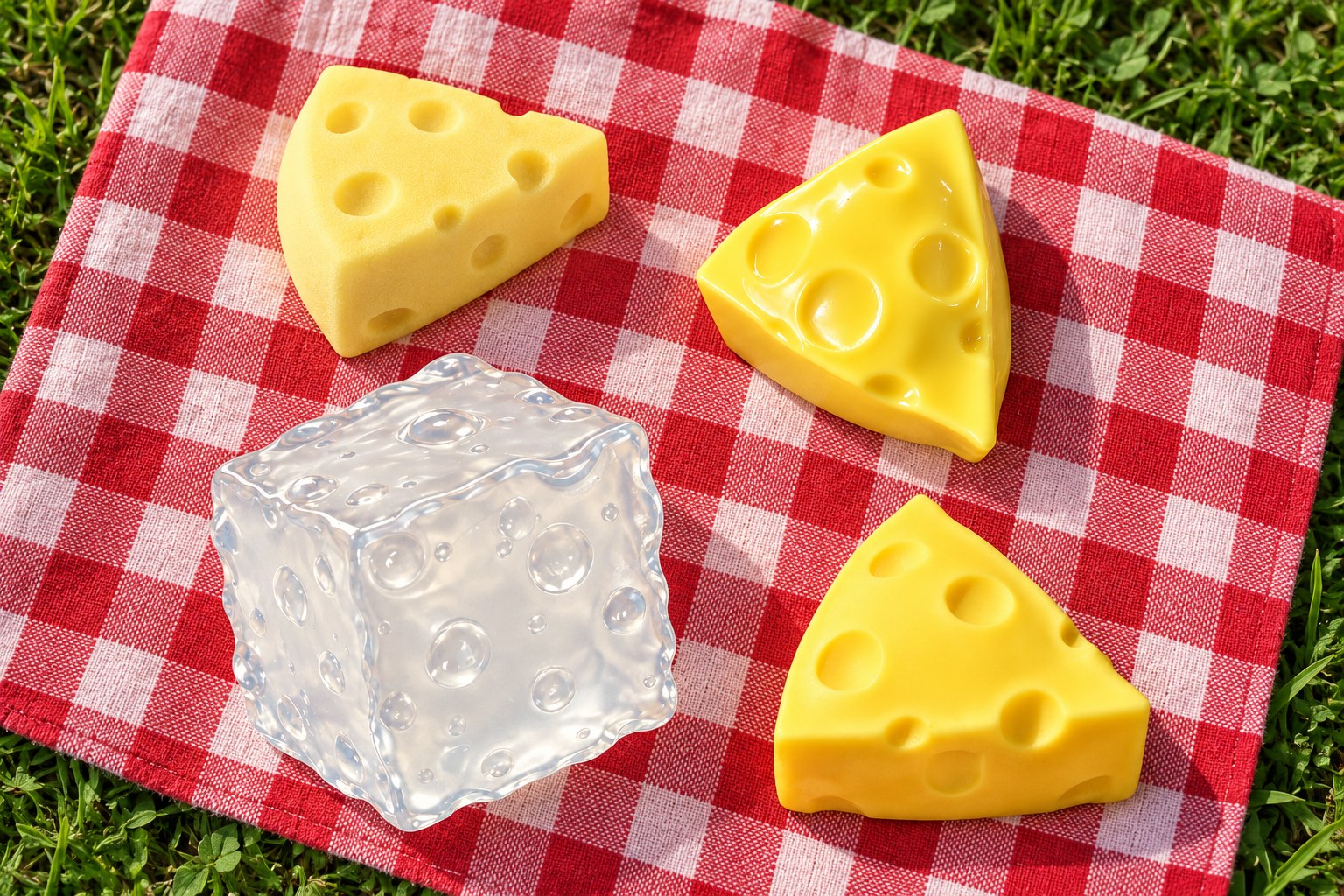 Ost-squishy ovanifrån på en röd och vit rutig picknickfilt i gräset
