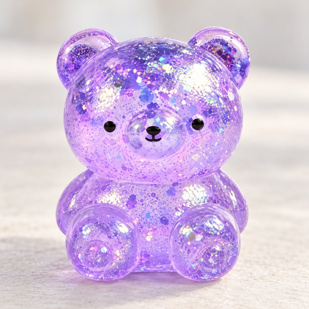 Gros plan sur les paillettes d'un squishy ours paillettes en gelée maltose