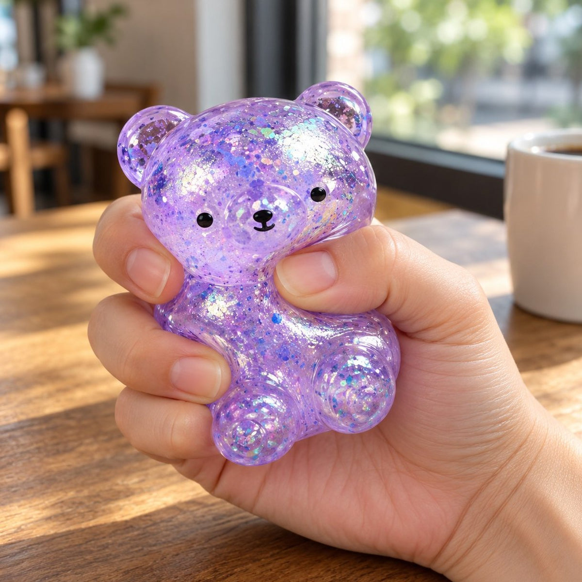 Main qui presse un squishy ours paillettes en gelée maltose, tout moelleux