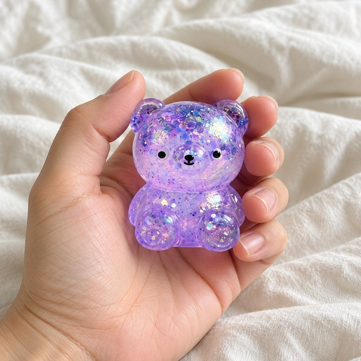 Vue à la première personne d'un squishy ours paillettes tenu face à l'objectif