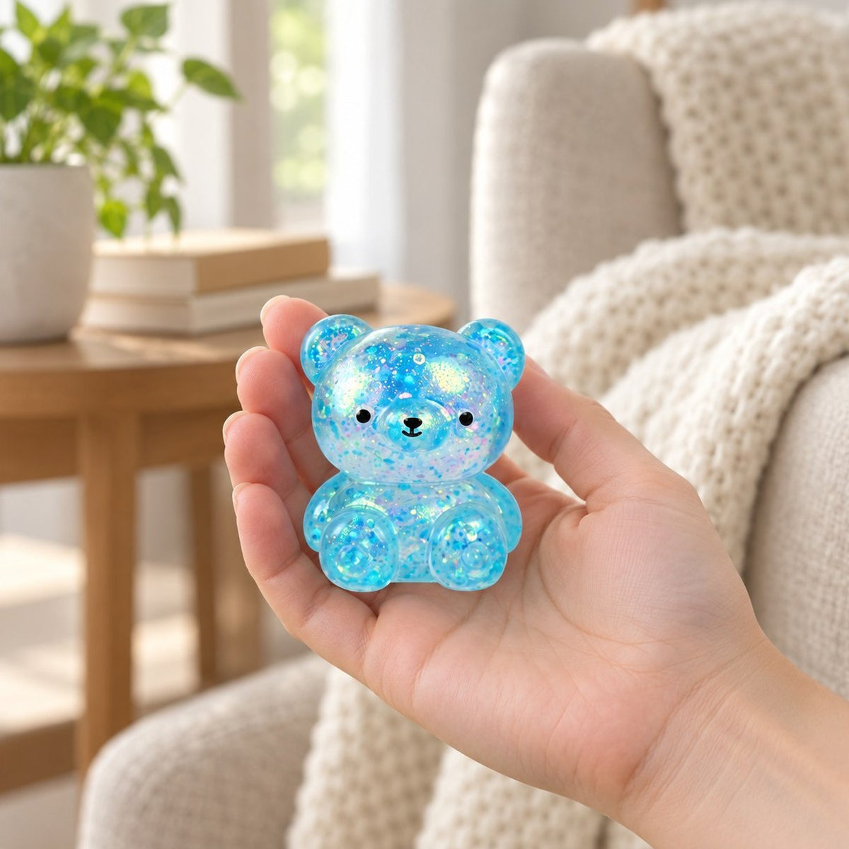 Squishy ourson à paillettes tenu dans la main pour montrer sa vraie taille