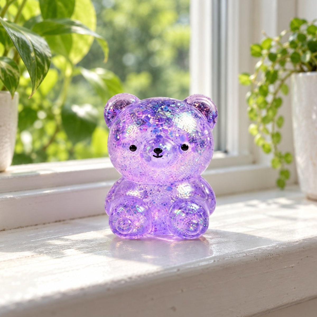 Squishy ourson à paillettes gelée maltose sur un rebord de fenêtre ensoleillé