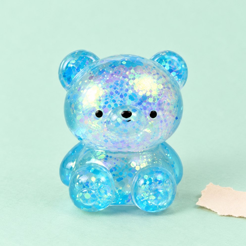 Squishy ourson à paillettes en gelée maltose, petit modèle 4,7 cm, sur papier pastel