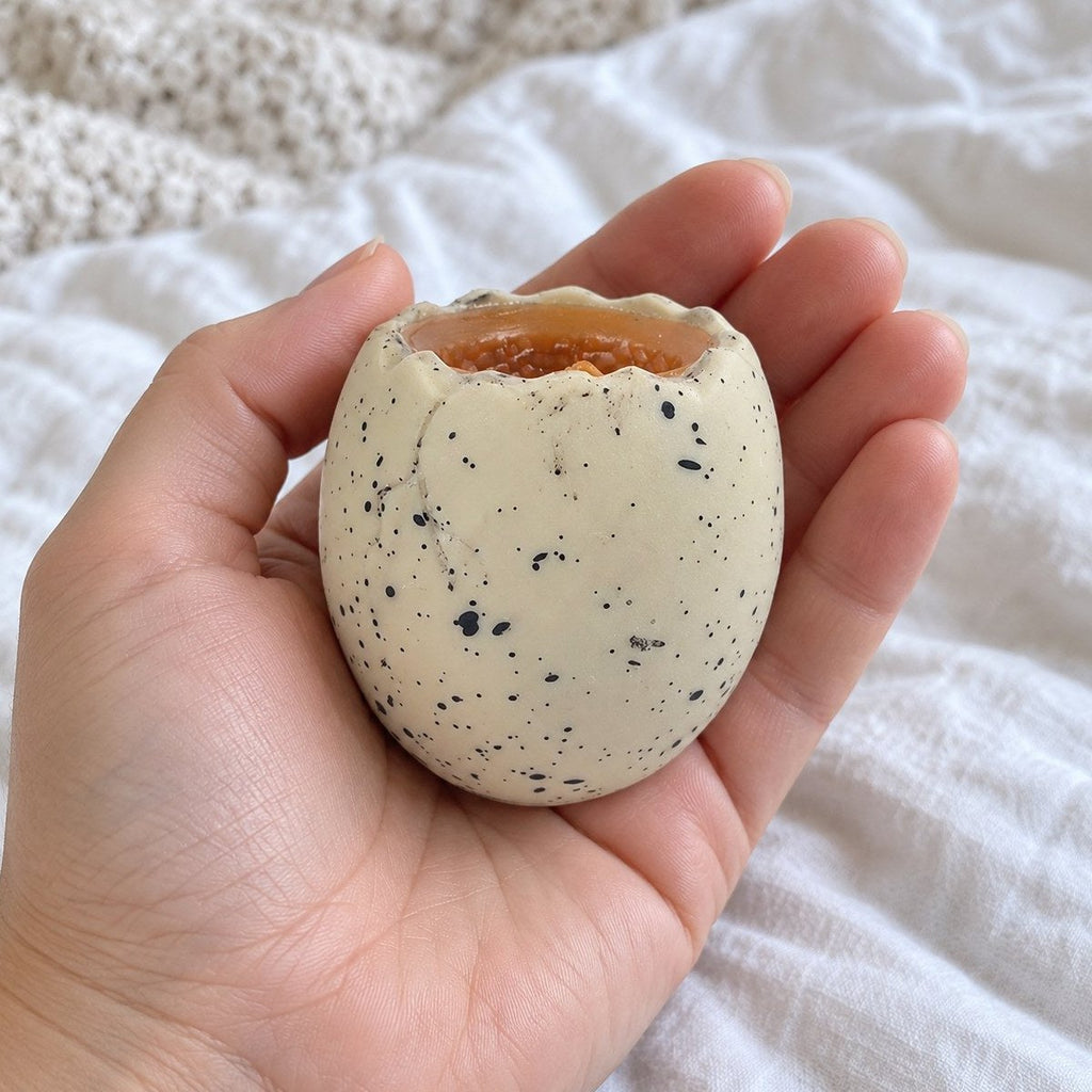 Squishy ovo de dinossauro com o bebé dino a espreitar, estendido para a câmara