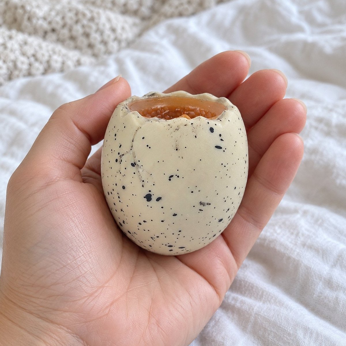 Squishy ovo de dinossauro com o bebé dino a espreitar, estendido para a câmara