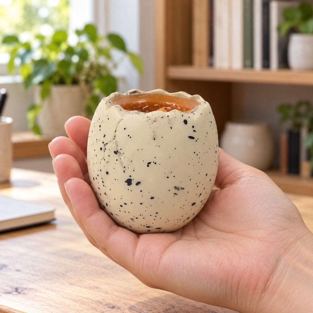 Na mão: o squishy ovo de dinossauro de 6 cm, de onde o bebé dino espreita