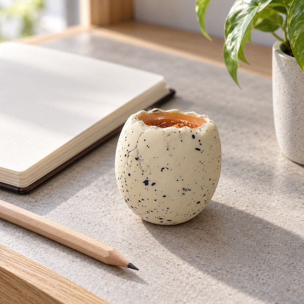 Na secretária, o squishy ovo de dinossauro de onde o bebé dino espreita