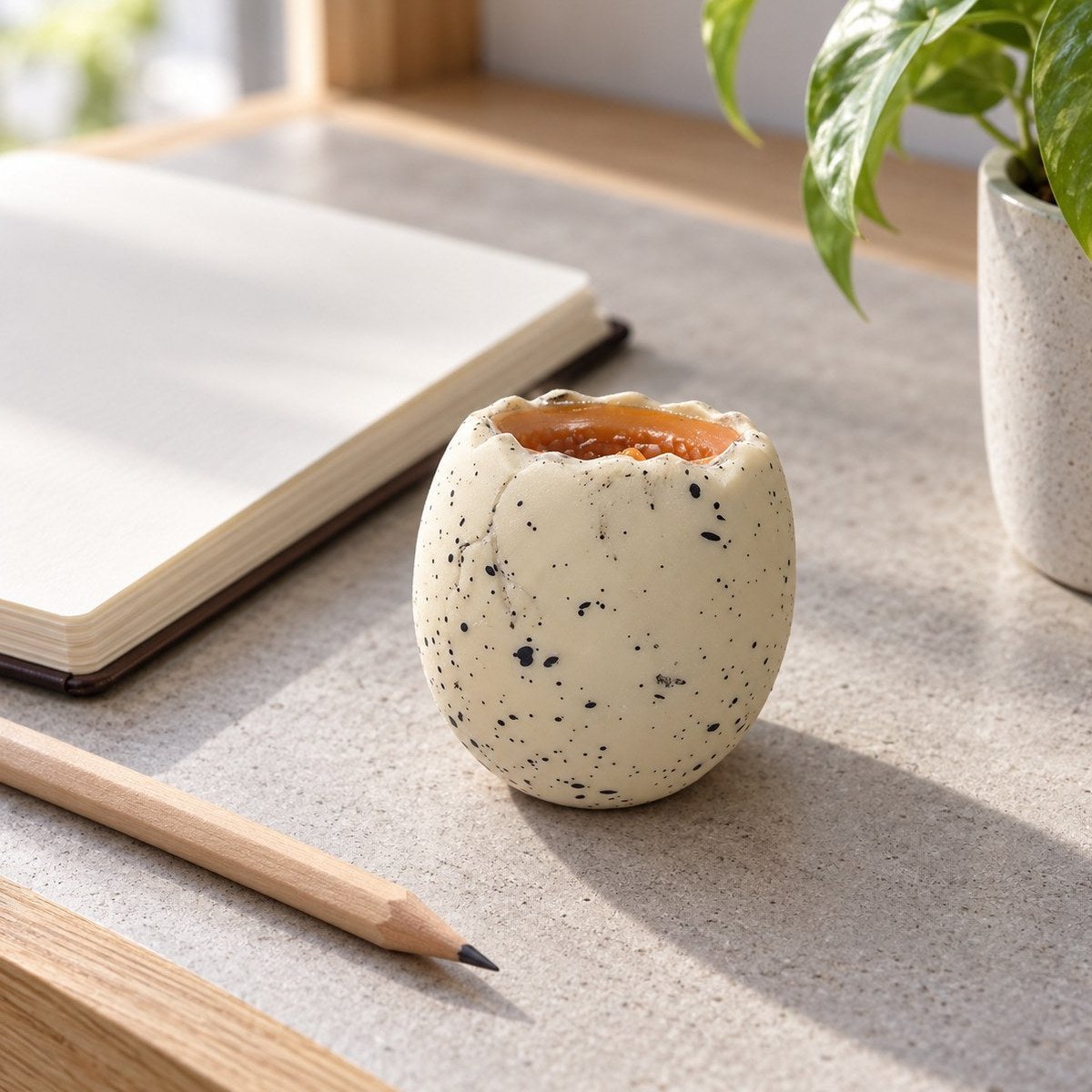 Na secretária, o squishy ovo de dinossauro de onde o bebé dino espreita