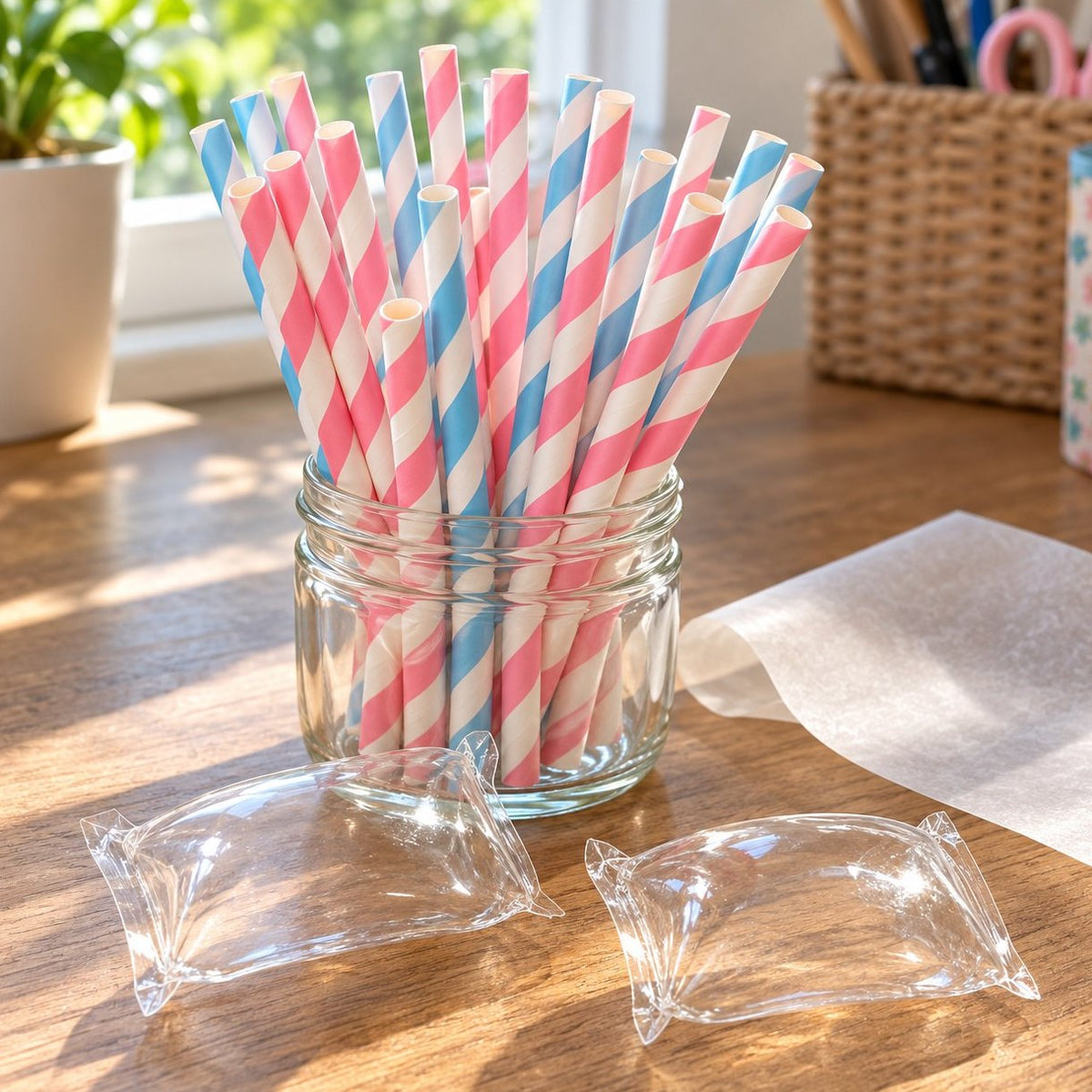 Squishy pailles en papier DIY dans un bocal, près de bulles de nano tape