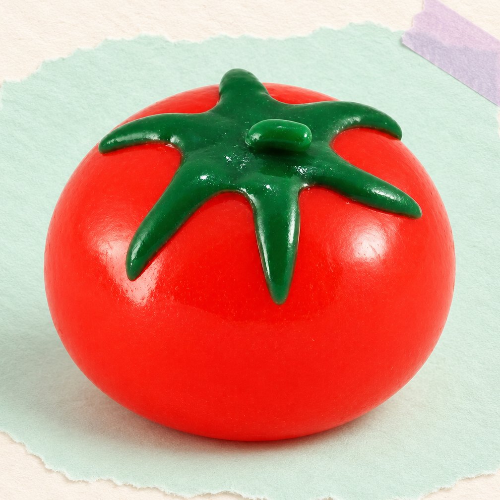Squishy palla d'acqua a forma di pomodoro su carta pastello