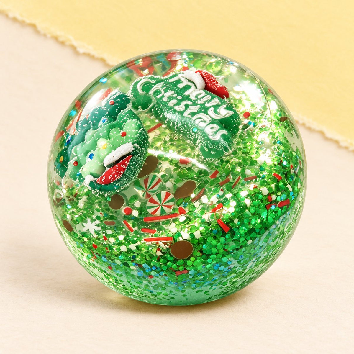 Squishy pallina di Natale in verde con fiocco di neve da 6,5 cm, foto del prodotto su carta pastello