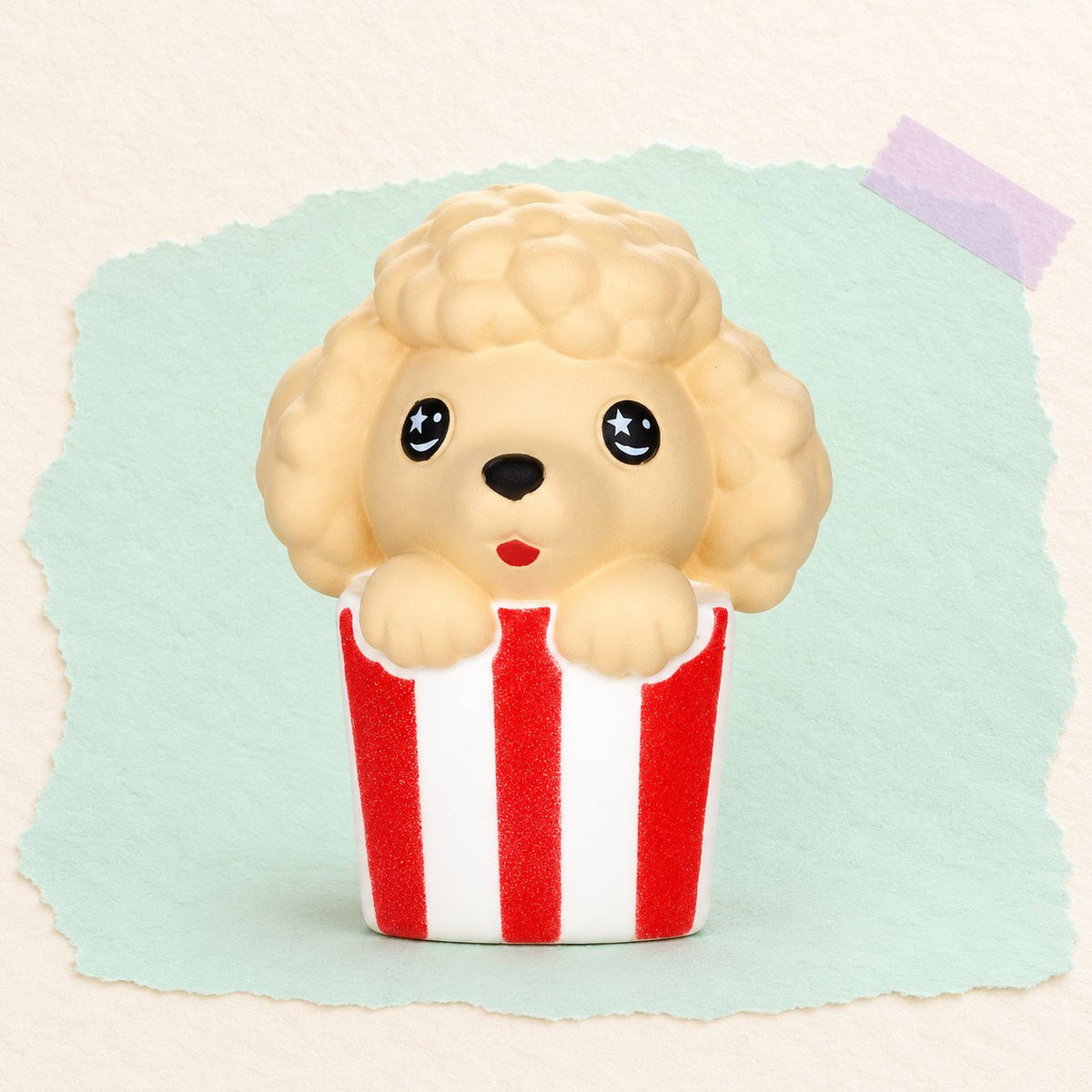 Squishy pejsek v popcornu, velký kawaii squishy na pastelovém papíře