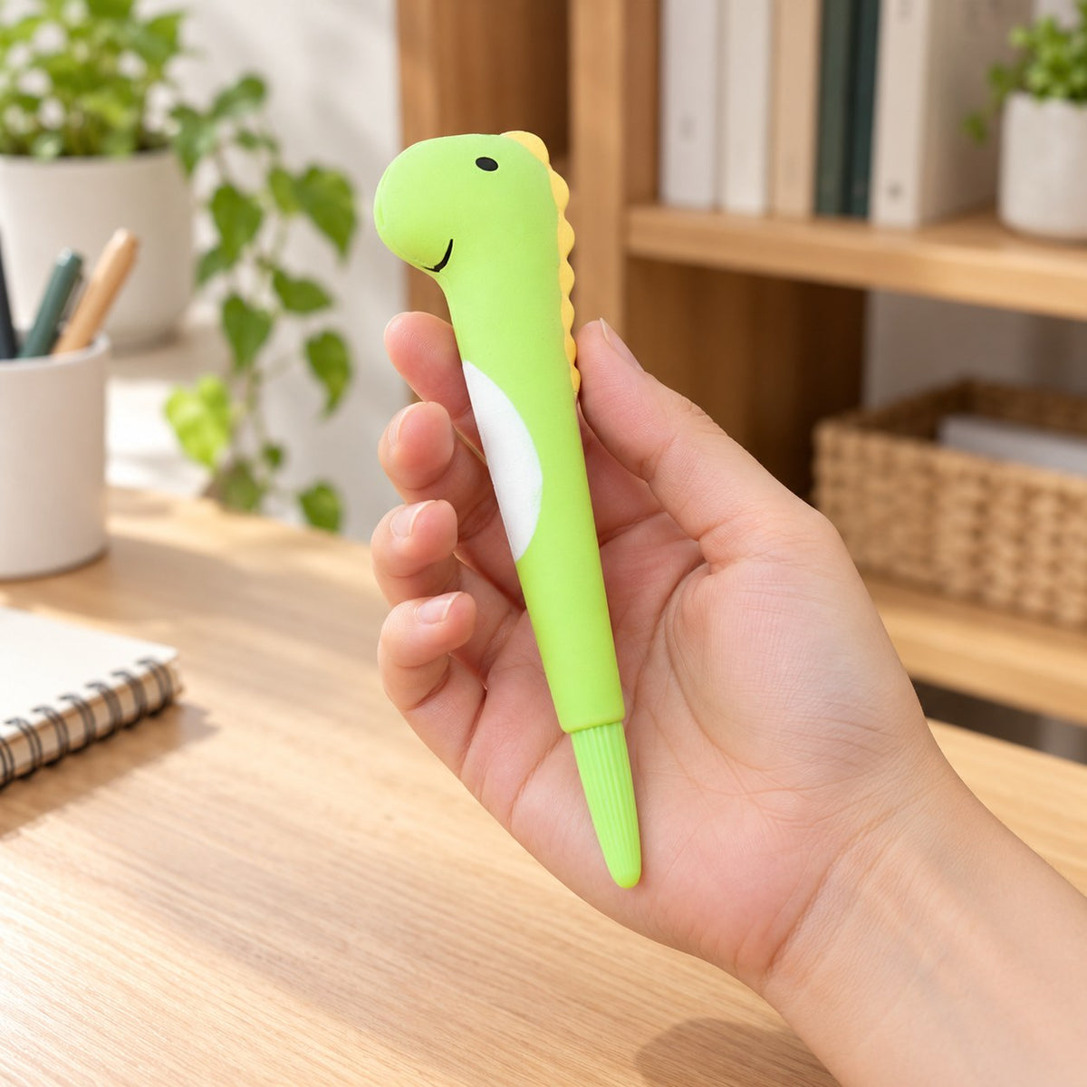 Squishy kuglepen slow rising gelpen med dyr (Dinosaur), holdt i hånden, så man ser den rigtige størrelse