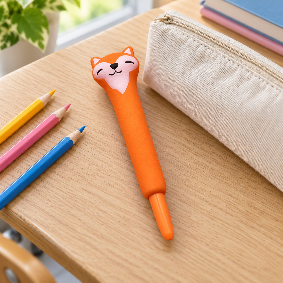 Squishy kuglepen slow rising gelpen med dyr (Ræv), på et skolebord ved siden af et penalhus