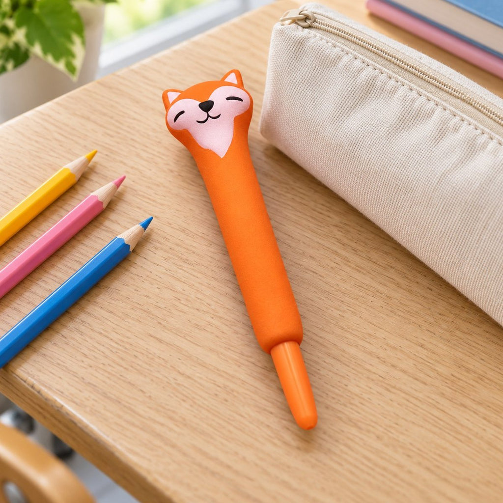 Squishy penna med räv på en skolbänk bredvid ett pennfodral