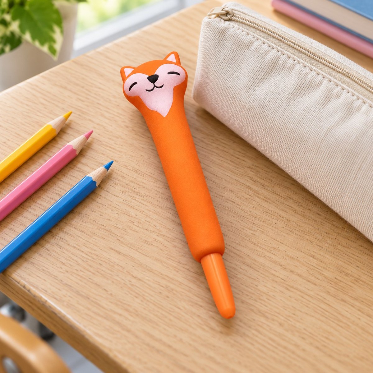 Squishy penna med räv på en skolbänk bredvid ett pennfodral