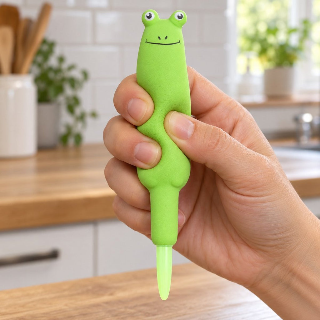 Squishy penna slow rising, gelpenna med djur, här en groda som kramas i handen