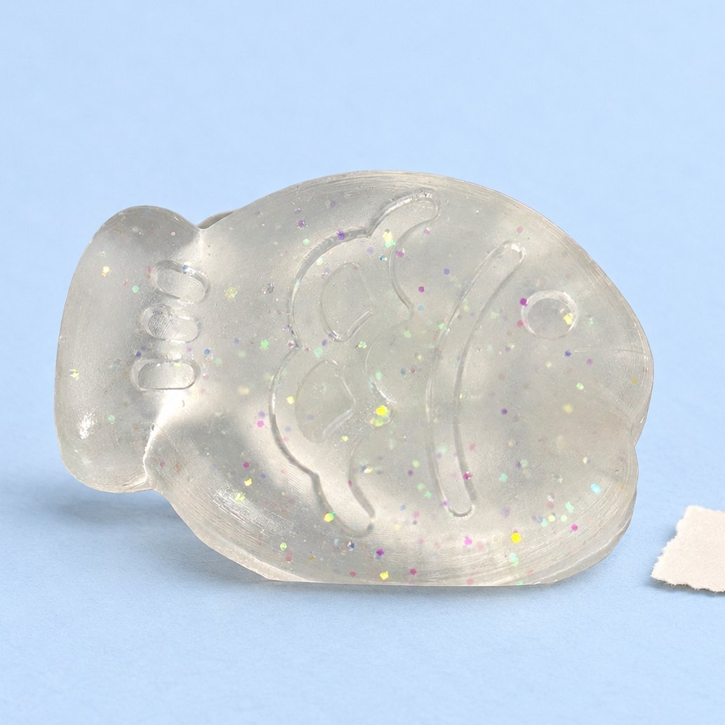 Squishy pez de gelatina blanco con purpurina, 6 cm, sobre papel pastel