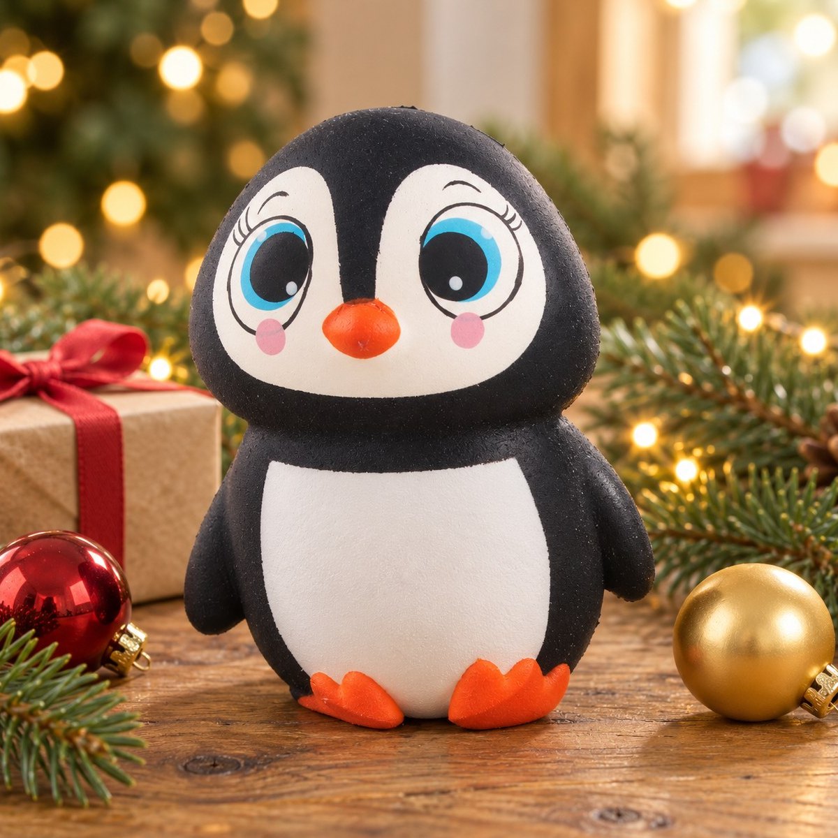 Squishy pinguim de olhos grandes num cenário de Natal com ramos de abeto e luzinhas