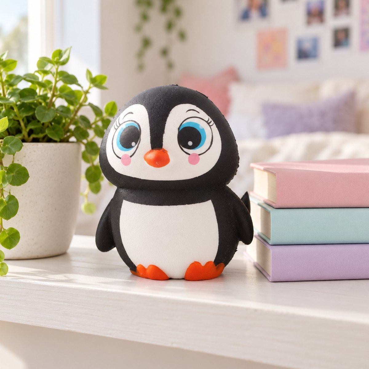 Squishy pinguim de olhos grandes numa prateleira com livros e uma planta