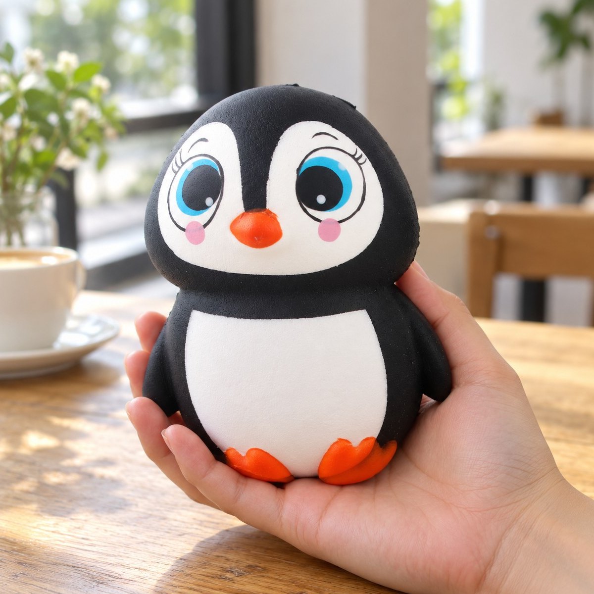 Na mão, o squishy pinguim de 13,5 cm mostra o tamanho real