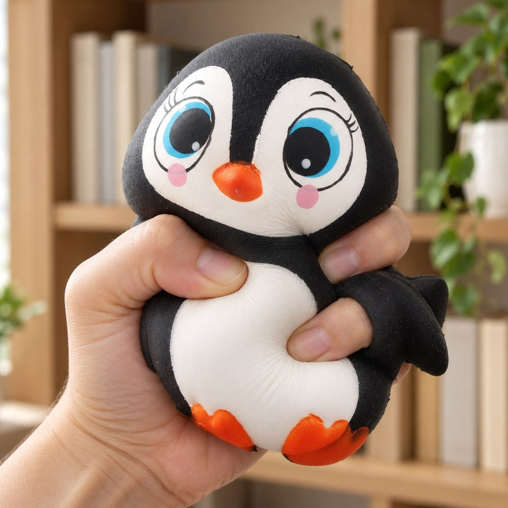 Mão a apertar o squishy pinguim slow rising, mole e fofo