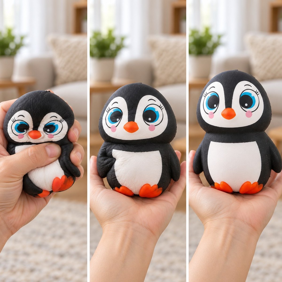 Em três passos, o squishy pinguim slow rising volta à forma: esmagado, a meio e inteiro