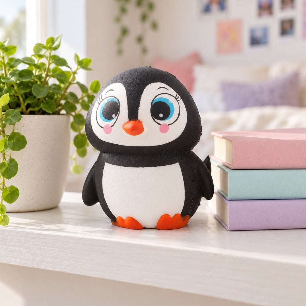 Som pynt på reolen med bøger og en plante: squishy pingvin med store øjne