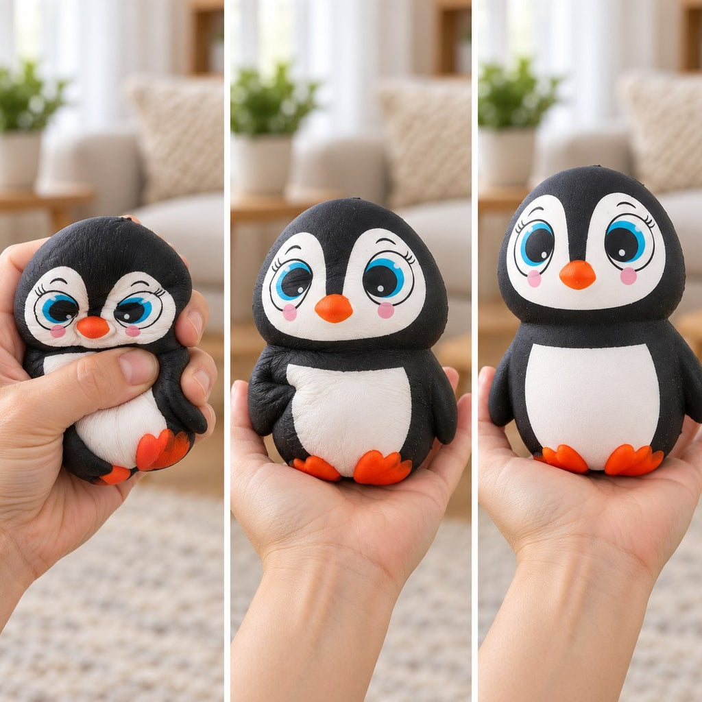 Squishy pingvin med store øjne i tre trin: trykket flad, halvt rejst og tilbage i form