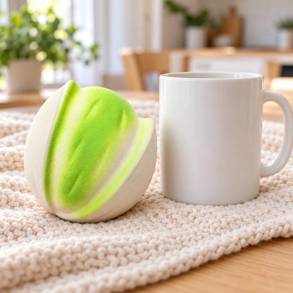 Confronto di grandezza: squishy pistacchio vicino a una tazza da caffè