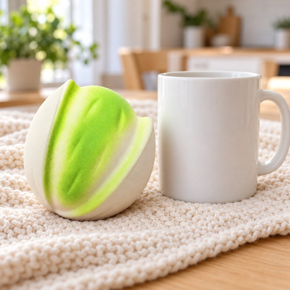 Confronto di grandezza: squishy pistacchio vicino a una tazza da caffè