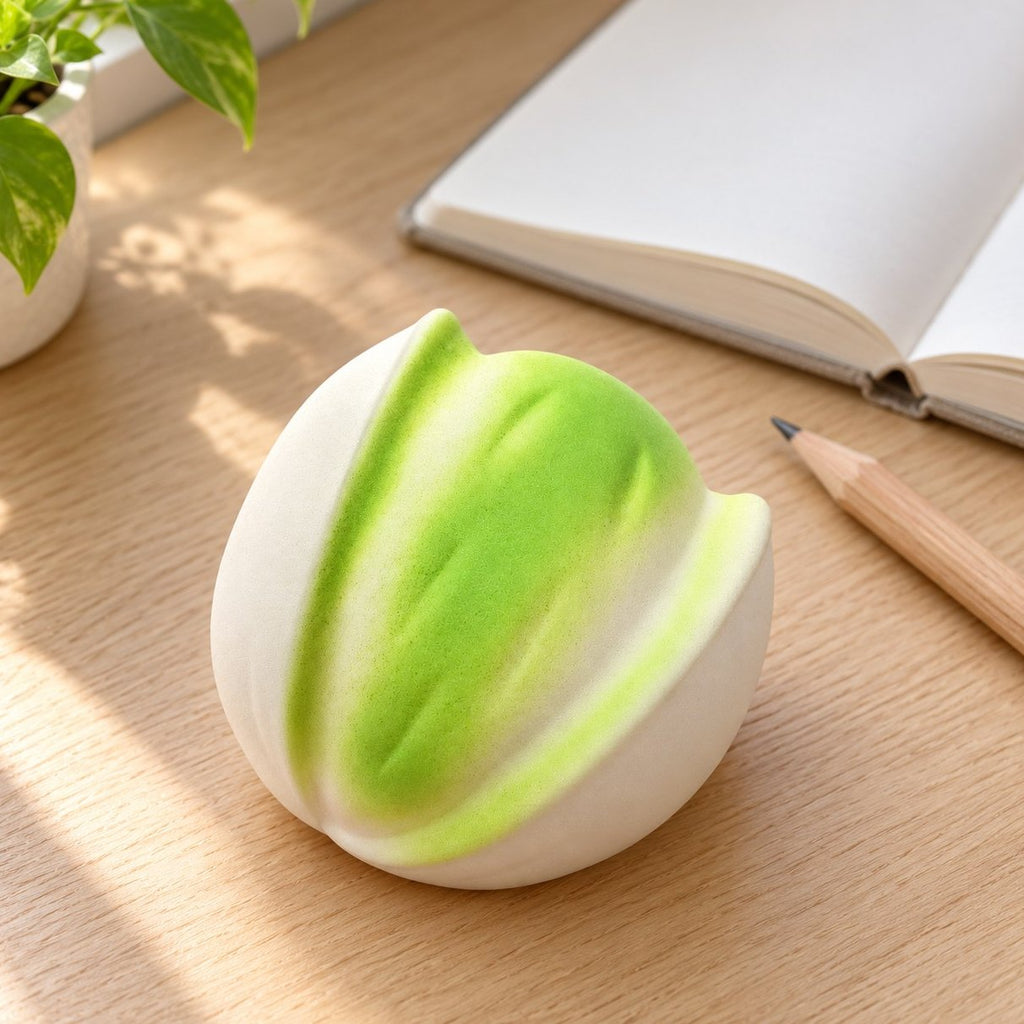 Sulla scrivania, squishy pistacchio crunchy accanto a quaderno e matita