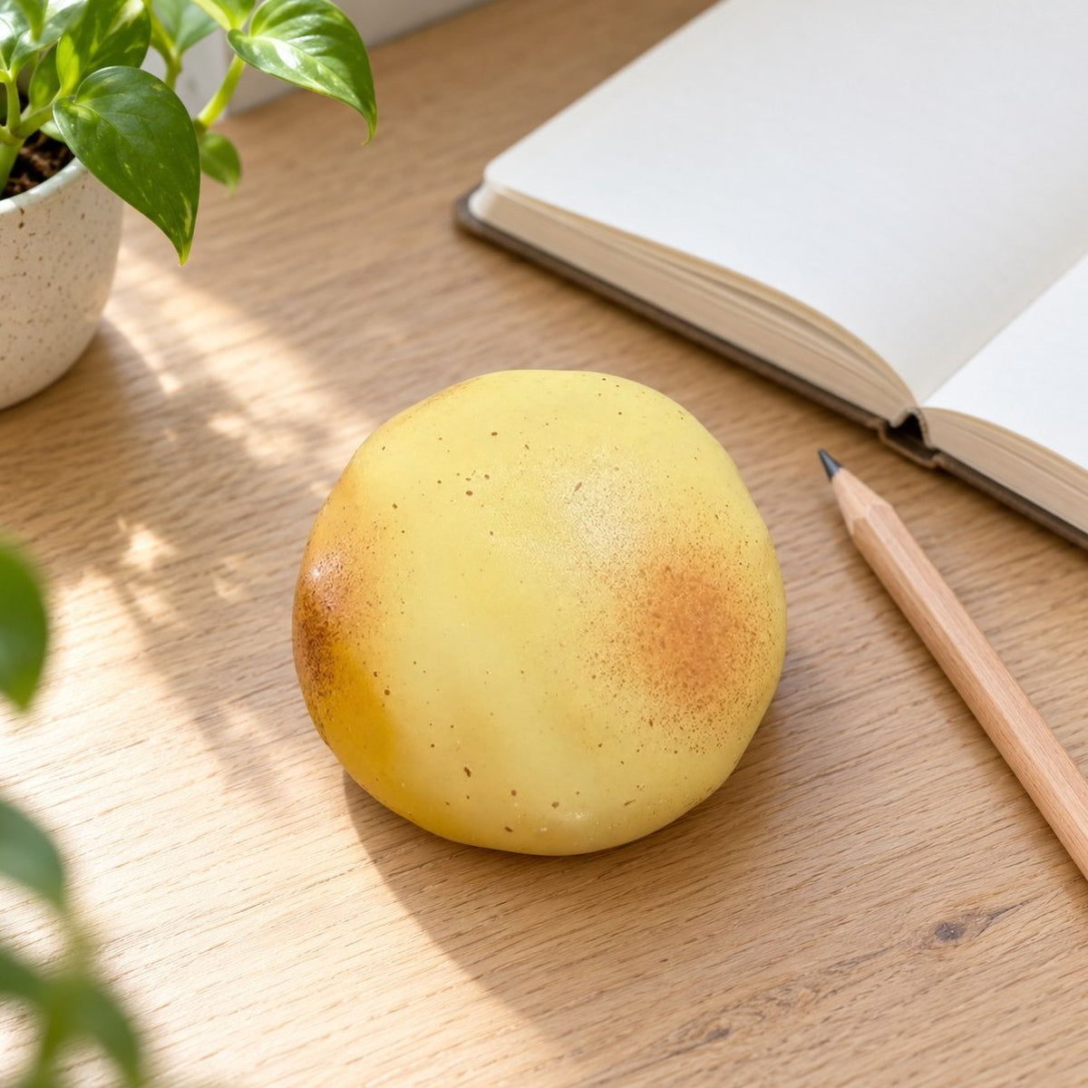 Carnet, crayon et squishy pomme de terre élastique posés sur un bureau