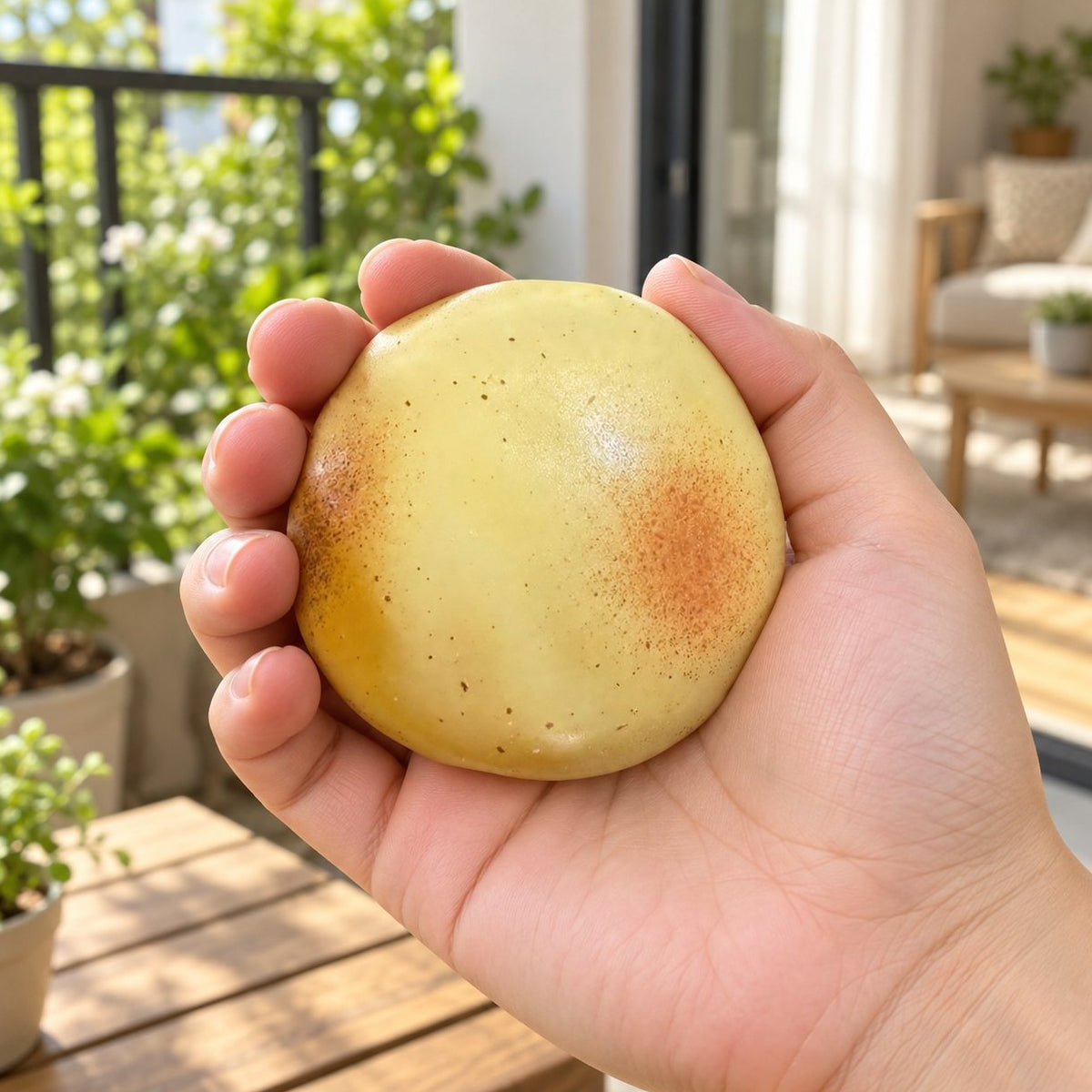 Taille réelle du squishy pomme de terre élastique, tenu dans une main