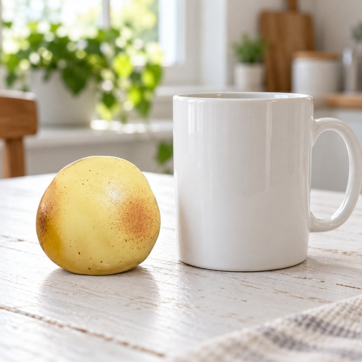 Comparaison de taille : squishy pomme de terre gelée posé près d'une tasse à café