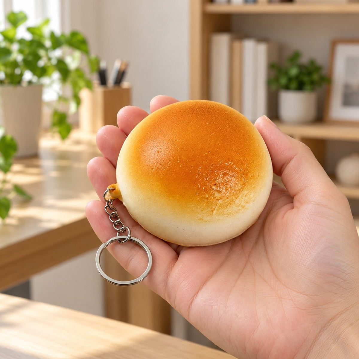 Squishy porte-clés petit pain doré de 7 cm tenu dans la main pour montrer sa taille