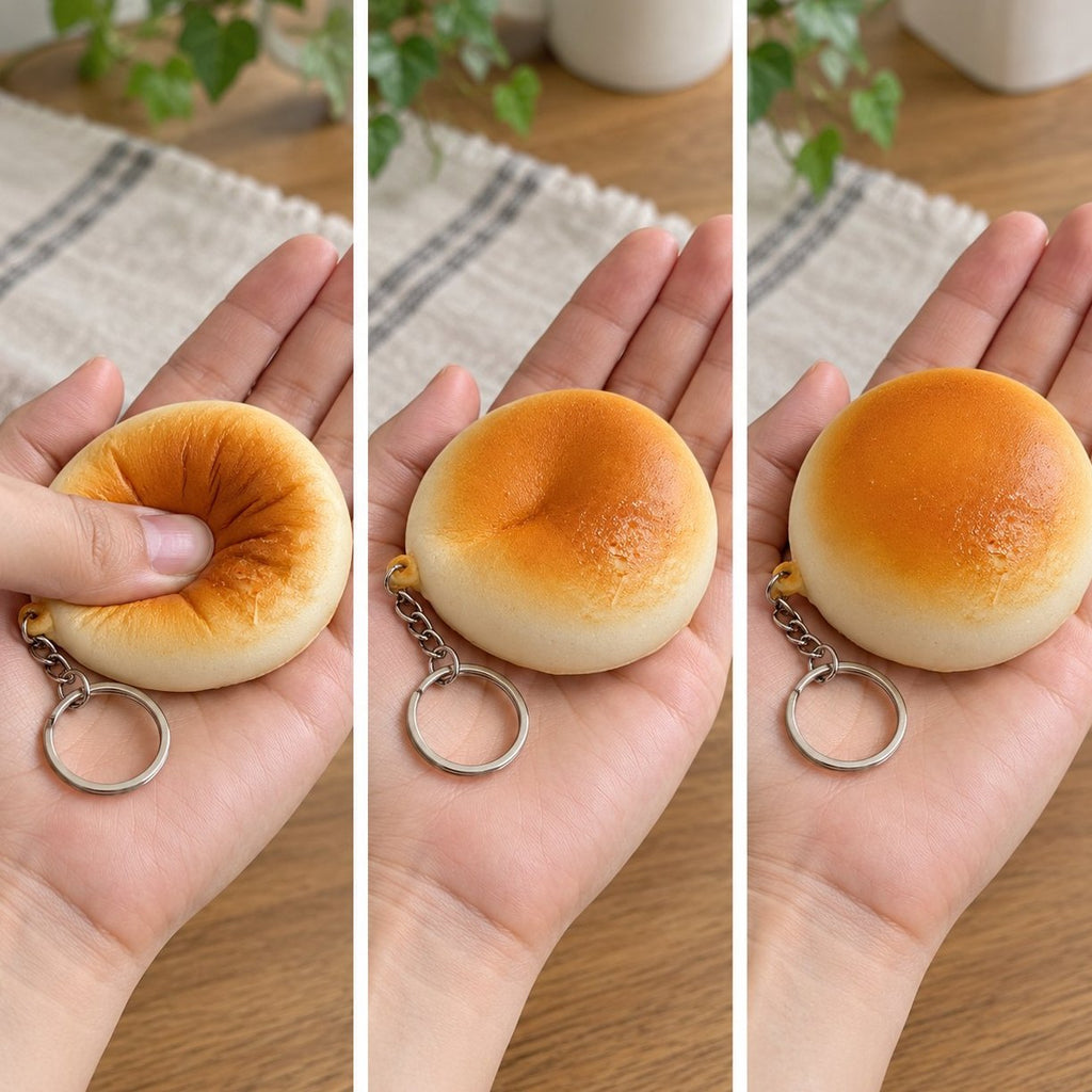 Zmáčknutý naplocho, napůl nabraný a znovu v plném tvaru: squishy přívěsek na klíče ve tvaru bulky (zlatavá, 7 cm)