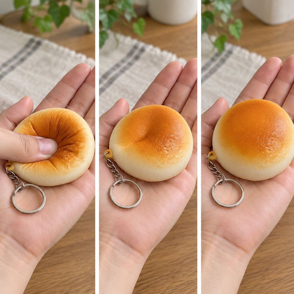 Zmáčknutý naplocho, napůl nabraný a znovu v plném tvaru: squishy přívěsek na klíče ve tvaru bulky (zlatavá, 7 cm)