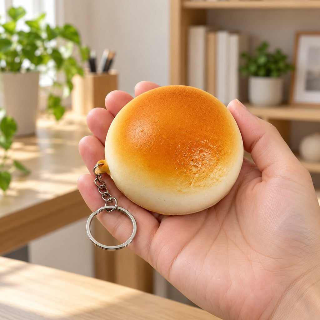 Skutečná velikost při držení v ruce: squishy přívěsek na klíče ve tvaru bulky (zlatavá, 7 cm)