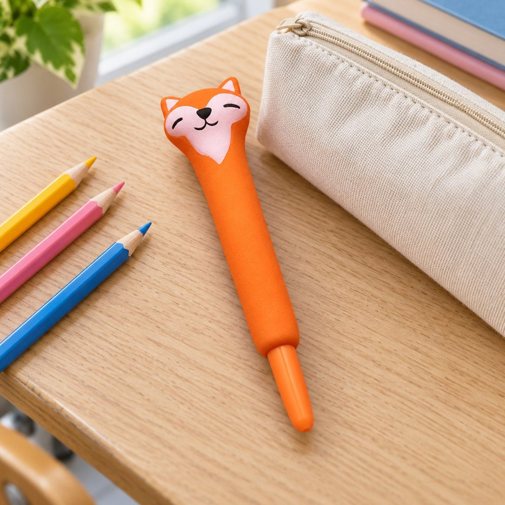 Slow rising gelová squishy propiska se zvířátkem ve tvaru lišky na školní lavici vedle penálu