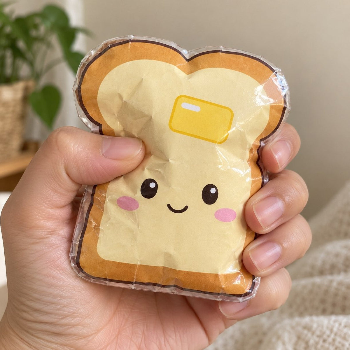 Průhledná lepicí páska na lesklém squishy toastu zmáčknutém v ruce