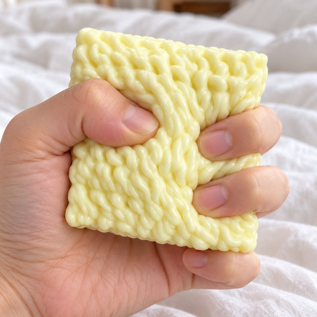 Apretando el squishy ramen blandito con la mano, suave y esponjoso