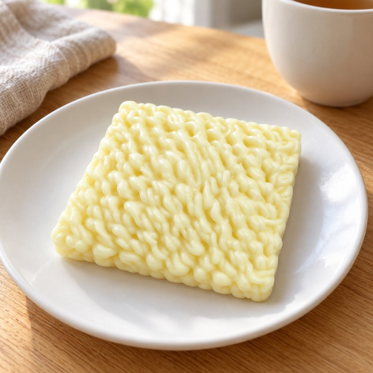 Na talířku na snídaňovém stole: squishy ramen, blok instantních nudlí