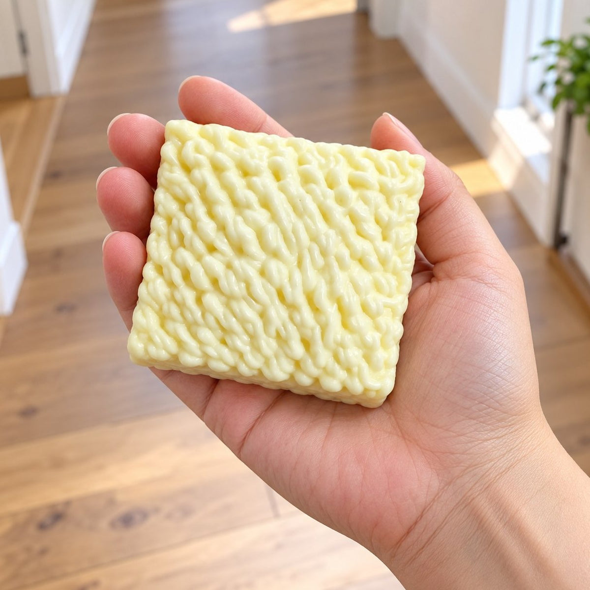 Squishy ramen, bloque de fideos instantáneos, en la mano para ver su tamaño