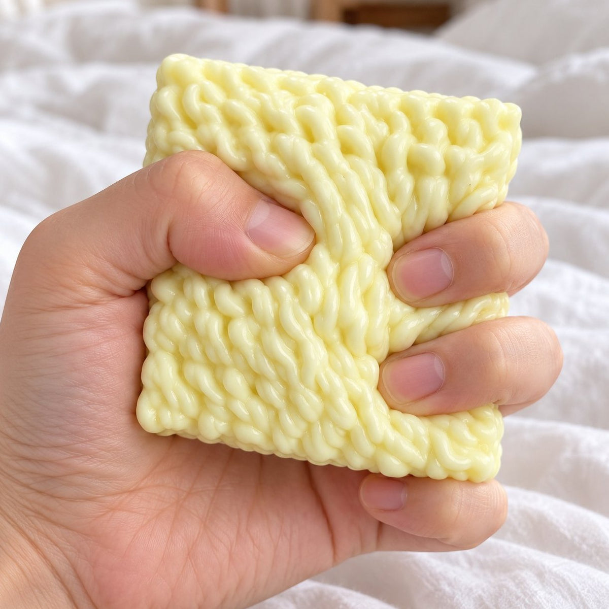 Měkký squishy ramen při mačkání v ruce, poddajný na dotek