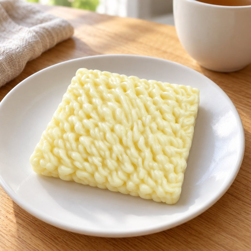 Squishy ramen en un plato, en la mesa del desayuno